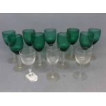 Mixed Lot: 12 wine glasses, 3 with clear bowls and 9 with green bowls, with air twist stems, 5ins