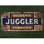 Ogden's juggler tobacco vintage enamel sign (a/f), 22ins wide x 10ins deep