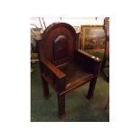 Small proportion oak panelled hall chair with leather upholstered seat and back, button detail and