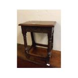 Late 17th century oak joint stool with carved half-moon frieze on four turned legs with later oak