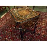 French marquetry inlaid drop leaf table with decorative gilt mounts, tapering cylindrical reeded