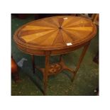 Edwardian oval specimen style topped table on four tapering square legs, with a shaped stretcher,