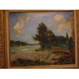 Attributed to Carl Muller, oil/canvas, "Paysage L'Etaing" (see further details verso), 18 x 21 1/2