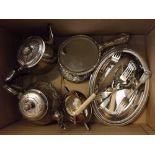 Box containing mixed silver plated wares to include teapot, cream jug, sugar basin, entre dish,