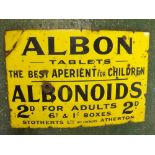 Vintage yellow enamel "Albion Tablets, best aperient for children" sign, 36ins wide x 24ins deep, (