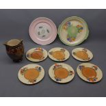Set of six Clarice Cliff Crocus pattern sandwich plates, 6ins diam, together with a further Royal
