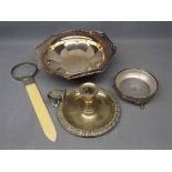 Group of mixed silver plated wares to include a hexagonal formed swing basket, a chamber stick,