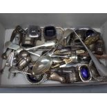 Box to include mixed silver plated wares, a further cruet set, silver plated berry spoons, sugar