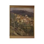 Unsigned oil on canvas, Continental hillside town, 12 1/2 x 10 1/2 ins