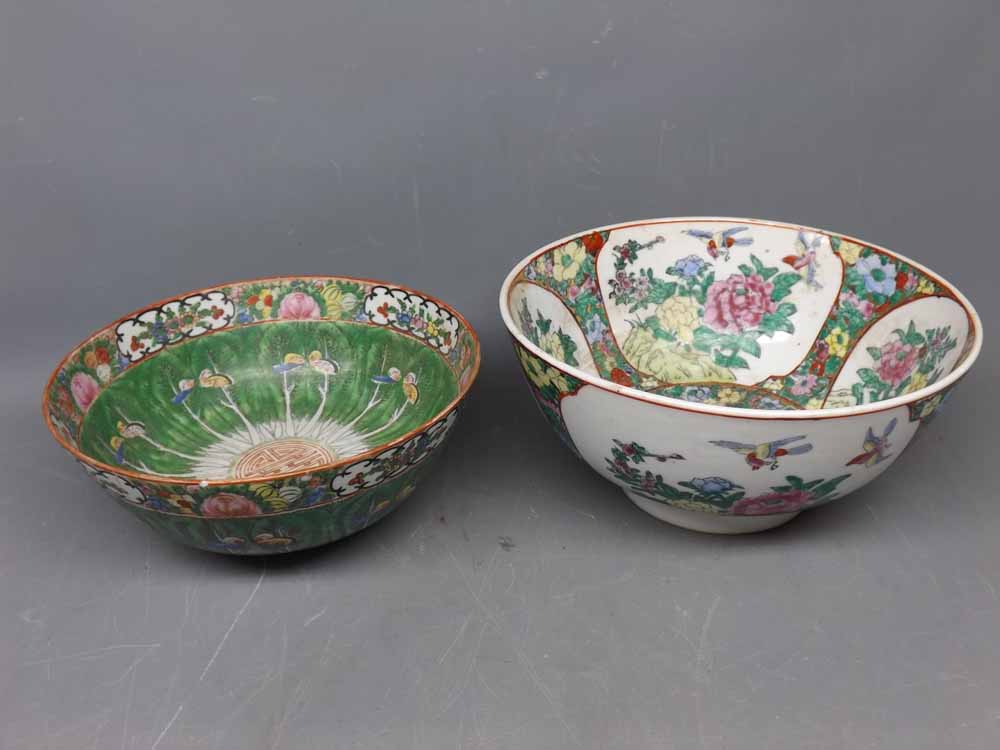 Two 20th century Oriental bowls, one with cabbage and butterfly decoration, the other with a printed