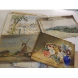 Folder of assorted unframed watercolours, varying artists and subjects