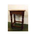 20th century oak joint stool on four turned supports, 16ins x 10ins x 20 1/2 ins