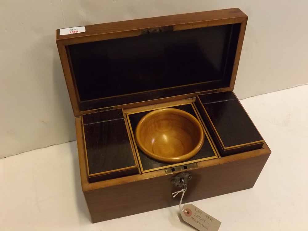 19th century rosewood tea caddy with fitted interior, two tea boxes and central treen mixing bowl,