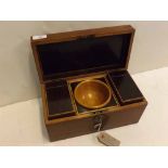 19th century rosewood tea caddy with fitted interior, two tea boxes and central treen mixing bowl,