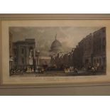 After T Allom, a reproduction coloured engraving, "The Post Office, St Paul's Cathedral and Bull and