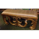 20th century gilt carved wood window seat or bench on heavily carved scrolling base, with a mushroom