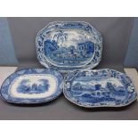 Group comprising three assorted blue and white printed platters to include a Spode Lucano pattern