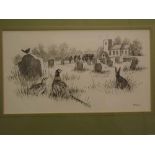 John Paley, signed, pen and ink drawing, Pheasants and Rabbit in a churchyard and figures with