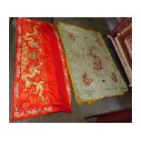 Good quality Oriental silk and gold dragon embroidered throw together with further similar example