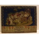 19th century wool work of a dog and a child in a buggy by Jane Clark, aged 14, dated 1860, 16 1/2