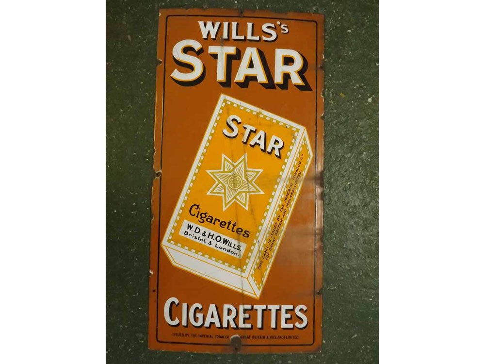 Vintage "Wills Stars Cigarettes" sign with a brown ground, central cigarette packet, 18ins wide x