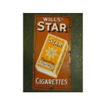 Vintage "Wills Stars Cigarettes" sign with a brown ground, central cigarette packet, 18ins wide x