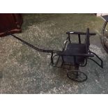 Vintage metal and wooden framed pull along child's single axle cart, 54ins long x 23ins high