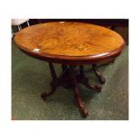 19th century small proportioned walnut oval topped loo table with inlaid detail, pedestal fitted