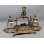 Victorian brass desk or ink stand with top handle, with candle sconce flanked either side by clear