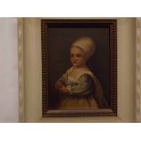 Unsigned oil on canvas, Portrait of a child in 16th century dress holding a ball, 7 1/2 x 5 1/2 ins