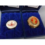 Two boxed Halcyon Days enamel pill boxes with certificates (2)