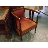 Edwardian mahogany inlaid tub chair with red upholstered seat and back and reeded supports, raised