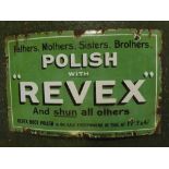 Vintage "Revex Polish" enamel sign with green ground and white lettering, 30ins wide x 19ins deep (