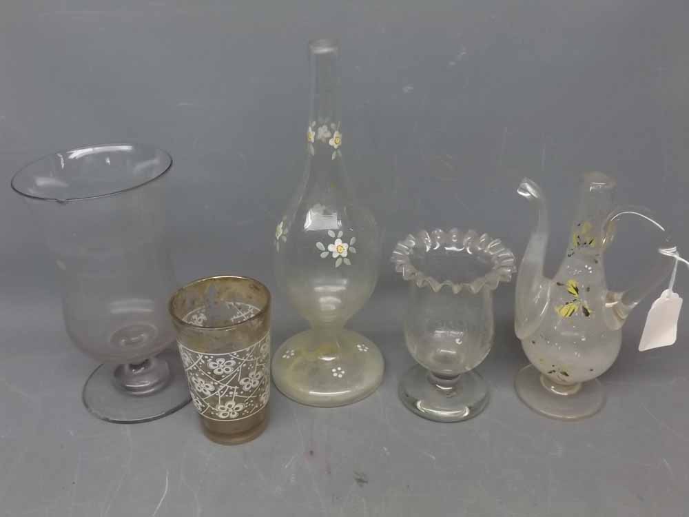 Mixed Lot: glass wares to include an Asian lustre and enamel floral painted beaker, a jug with a