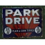 Vintage "Park Drive plain and corked tipped" double sided enamel sign, 16ins wide x 12ins deep (a/