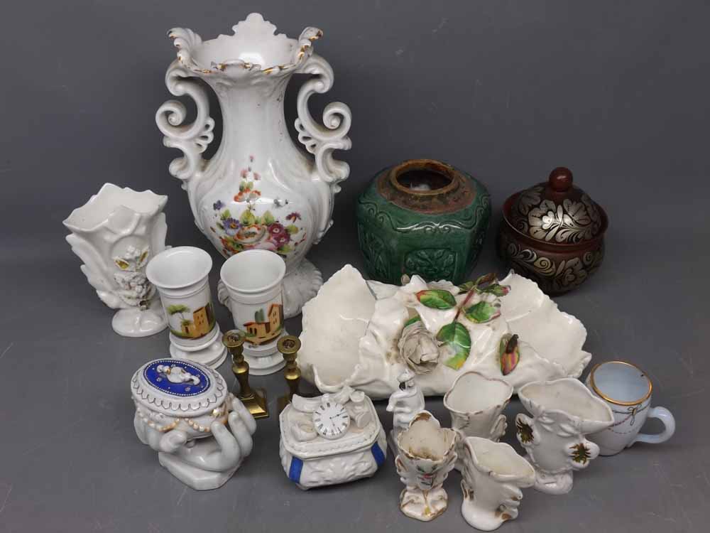 Mixed Lot: 19th century china wares to include a table top hand formed lidded basket, together