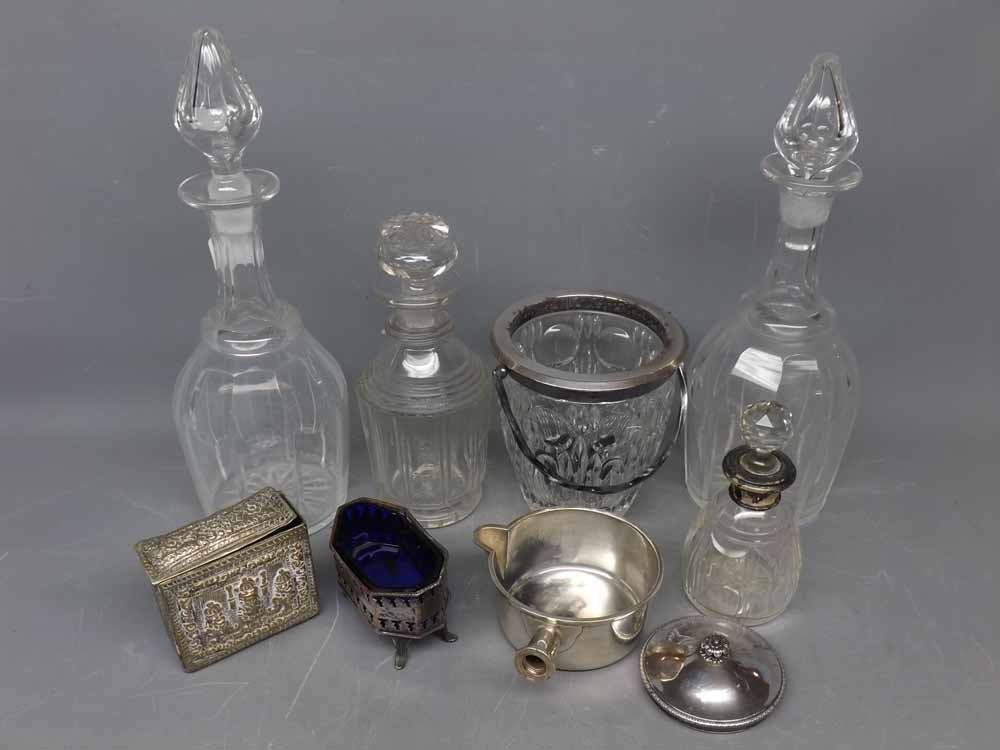 Near pair of early 20th century glass decanters with matching stoppers, together with a further 19th