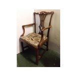 18th century oak armchair with pierced splat back and upholstered seat on square legs, 24ins x 18ins