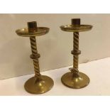 Pair of brass twisted column candlesticks, with fitted drip trays, 8ins tall