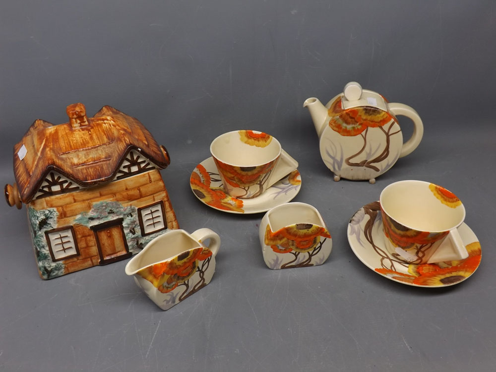 Clarice Cliff Rodin designed 7-piece tea set comprising circular formed tea pot with lid (lid with