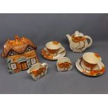 Clarice Cliff Rodin designed 7-piece tea set comprising circular formed tea pot with lid (lid with