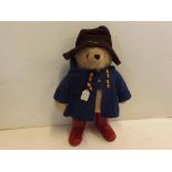Vintage Paddington Bear with red boots, brown hat and blue overcoat, 22ins tall