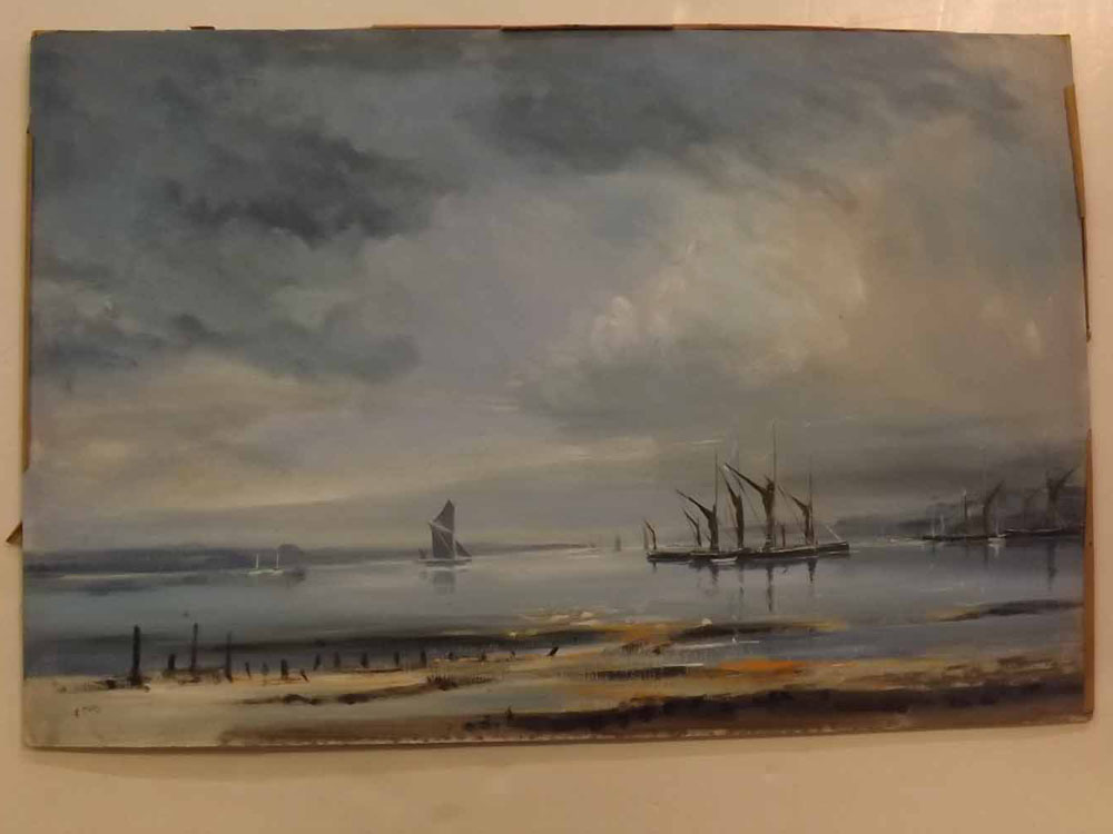 E Gentry, signed oil on board, Barges at Pin Mill, 20 x 30ins unframed