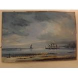 E Gentry, signed oil on board, Barges at Pin Mill, 20 x 30ins unframed