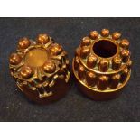 2 19th Century copper jelly moulds of cylindrical form with castellated tops, 1 stamped with Jones