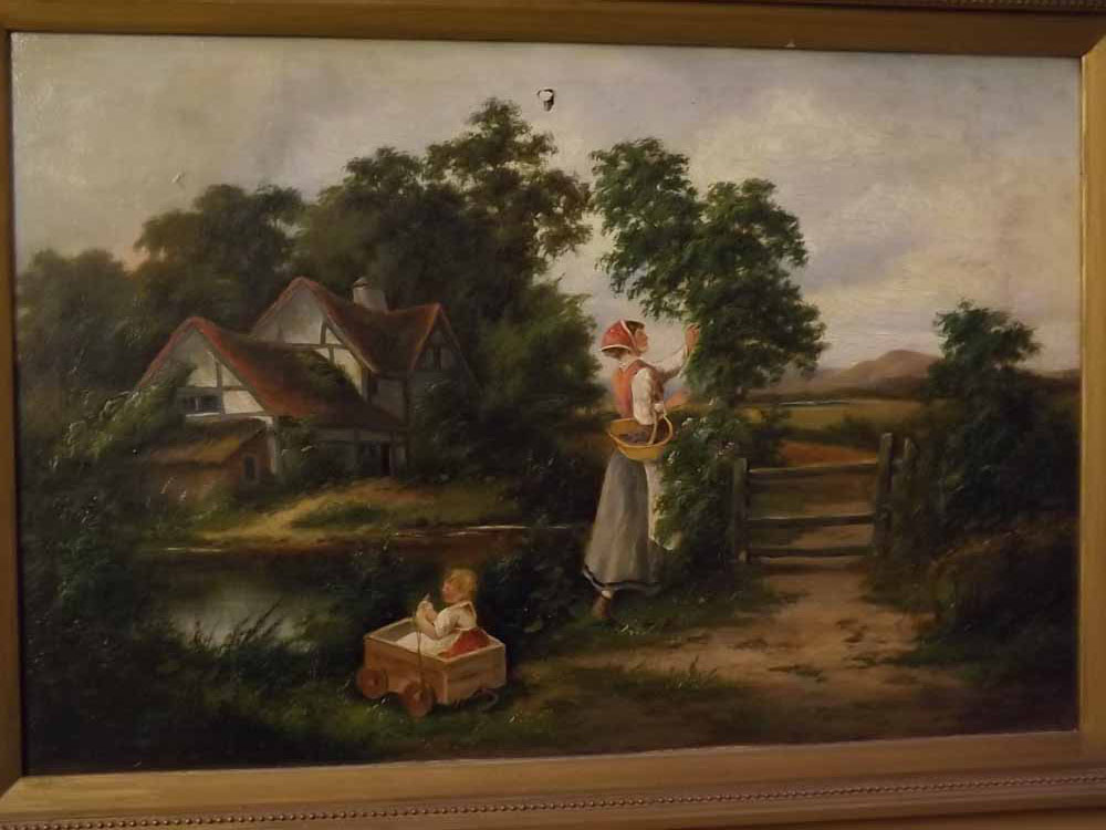 J A Williamson, signed and dated 1895, oil on canvas, Rural landscape with lady berrying and a child