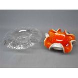 Modern clear and cut glass squat mushroom formed bowl, together with a modern studio glass bowl with