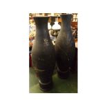 Large pair of black painted terracotta vases, circa 1900 of archaic baluster form, freely painted