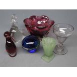 A group of mixed glass ware to include a 19th Century glass rummer, a further studio glass bowl in