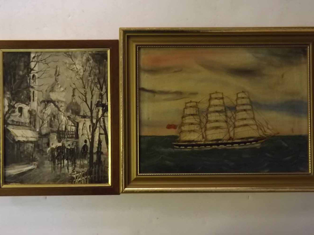 Unsigned oil on canvas, Fully rigged warship, 9 x 12ins, together with 1 further oil by a